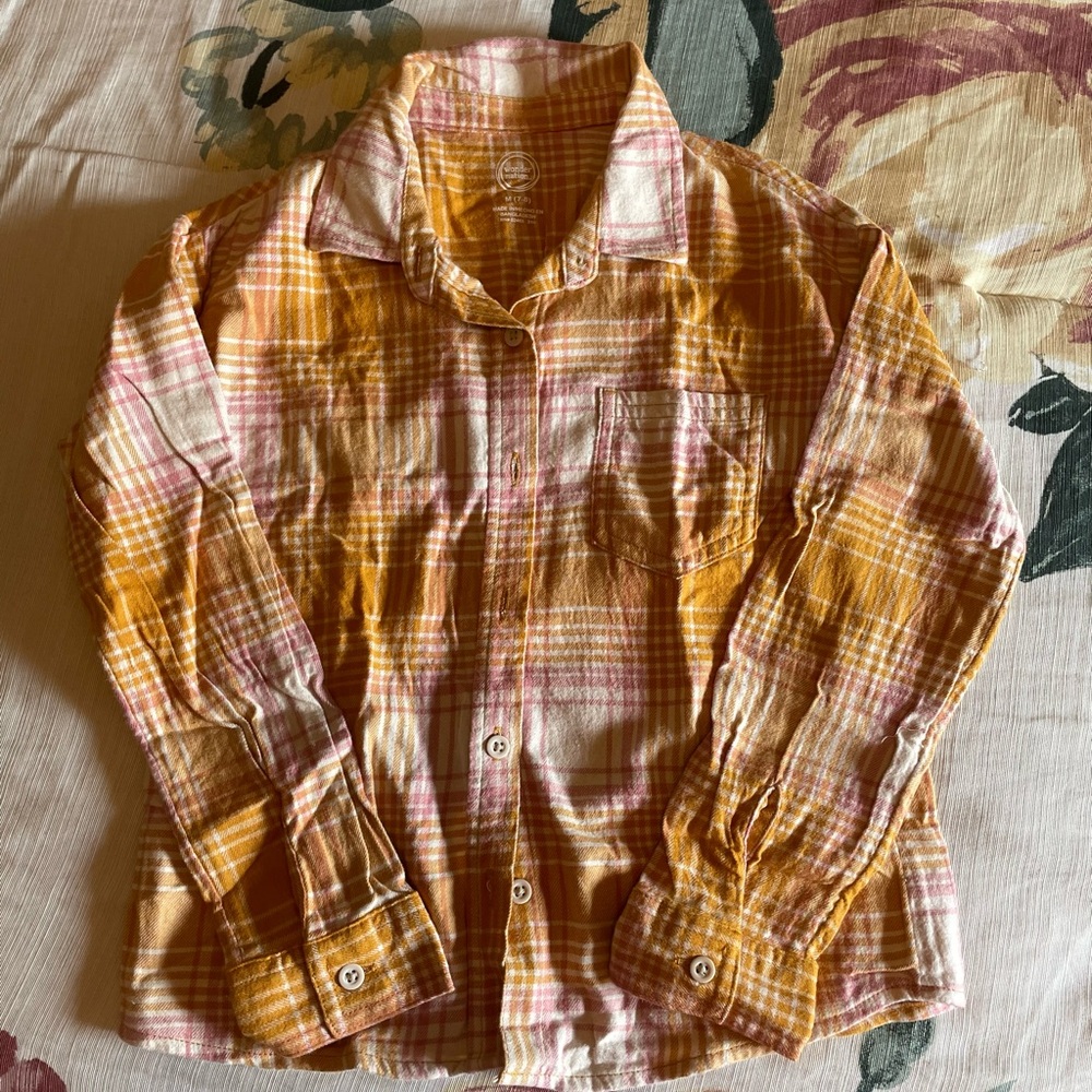 Girl’s Flannel Button-Up Shirt in Mustard & Pink. Size 7/8